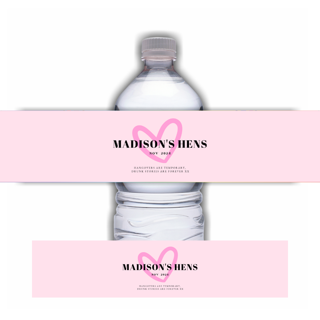Red Black Heart Hen Party Water Bottle Labels | Hen Do Stickers | Hen Party Labels