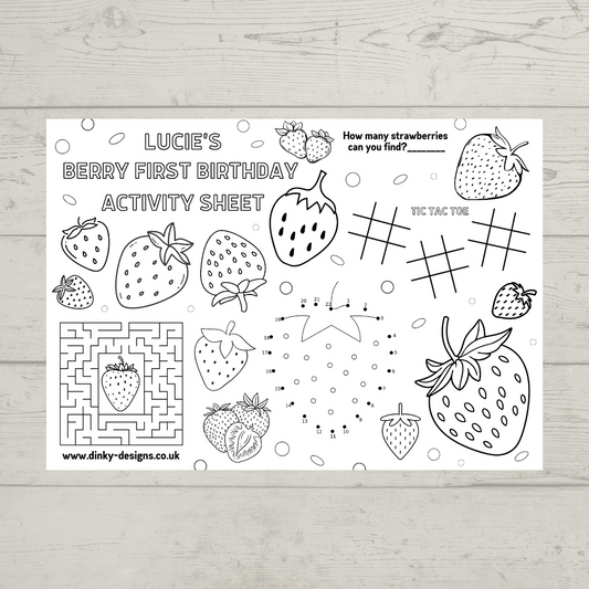 A4 Colouring Activity Sheets | Personalised Strawberry Activity Sheets | Party Bag Favours | Party Placemats