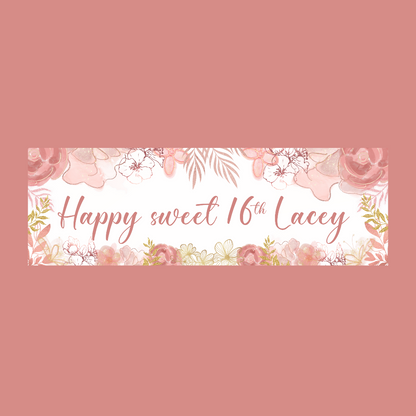 Blush Pink Gold Floral Banner | Personalised Blush Pink Gold Floral Birthday, Baby Shower, Christening Party Banner | Blush Pink Gold Floral Party Theme
