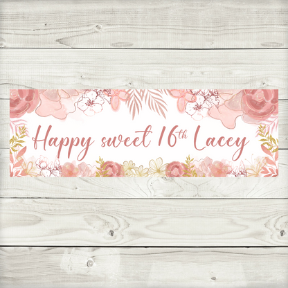 Blush Pink Gold Floral Banner | Personalised Blush Pink Gold Floral Birthday, Baby Shower, Christening Party Banner | Blush Pink Gold Floral Party Theme
