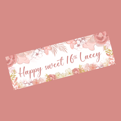 Blush Pink Gold Floral Banner | Personalised Blush Pink Gold Floral Birthday, Baby Shower, Christening Party Banner | Blush Pink Gold Floral Party Theme