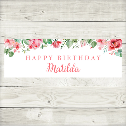 Pink Green Floral Banner | Personalised Pink Green Floral Birthday, Baby Shower, Christening Party Banner | Pink Green Floral Party Theme