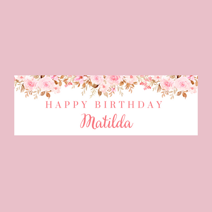 Pink Floral Banner | Personalised Pink Floral Birthday, Baby Shower, Christening Party Banner | Pink Floral Party Theme