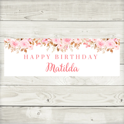 Pink Floral Banner | Personalised Pink Floral Birthday, Baby Shower, Christening Party Banner | Pink Floral Party Theme