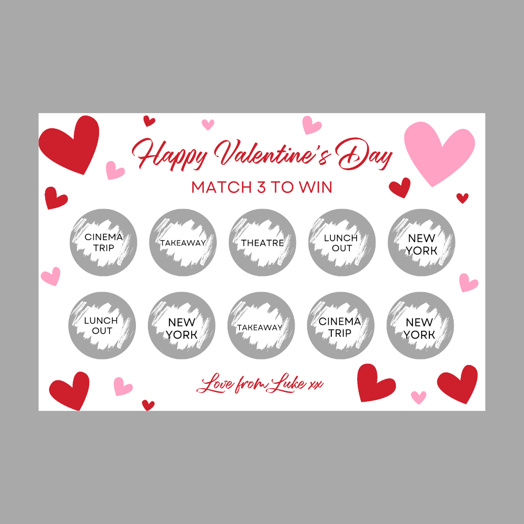 Valentines Day Surprise Match 3 Ticket Print | Personalised Valentine Ticket | Valentine Fun Scratch Reveal | Gift Idea (Design 1)