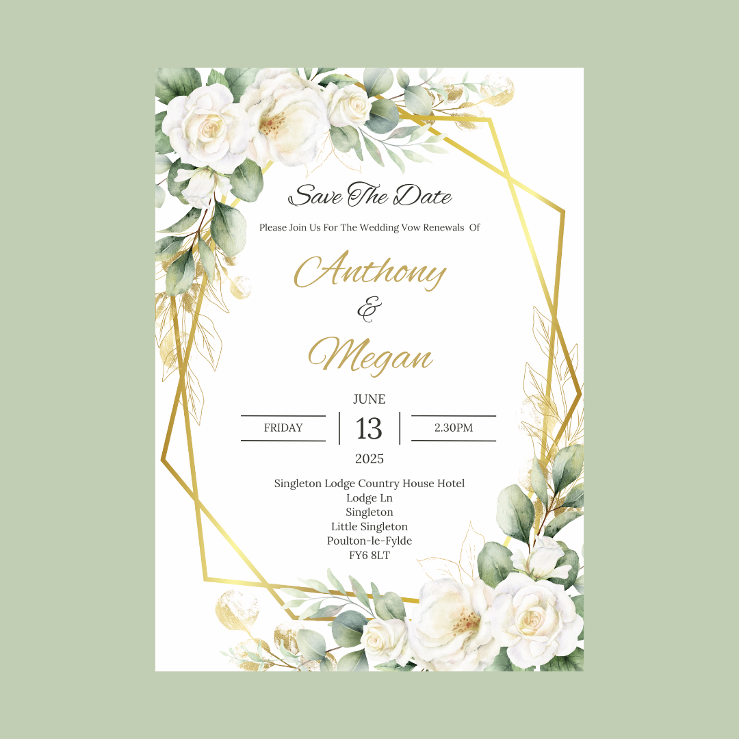 Wedding Invitations | A6 Invites | Green Gold Leaf Floral Wedding Theme Invitations | Wedding Party Invitations