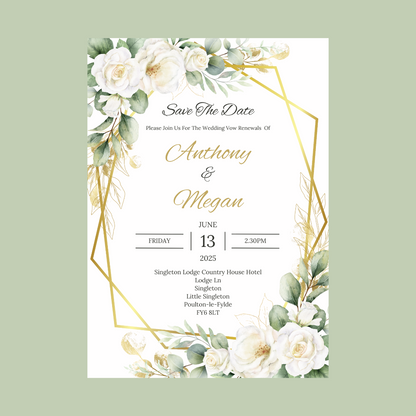 Wedding Invitations | A6 Invites | Green Gold Leaf Floral Wedding Theme Invitations | Wedding Party Invitations
