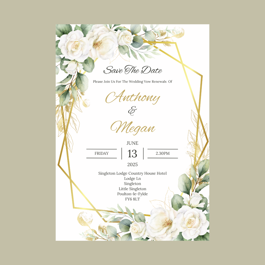 Wedding Invitations | A6 Invites | Green Gold Leaf Floral Wedding Theme Invitations | Wedding Party Invitations