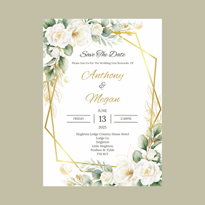 Wedding Invitations | A6 Invites | Green Gold Leaf Floral Wedding Theme Invitations | Wedding Party Invitations