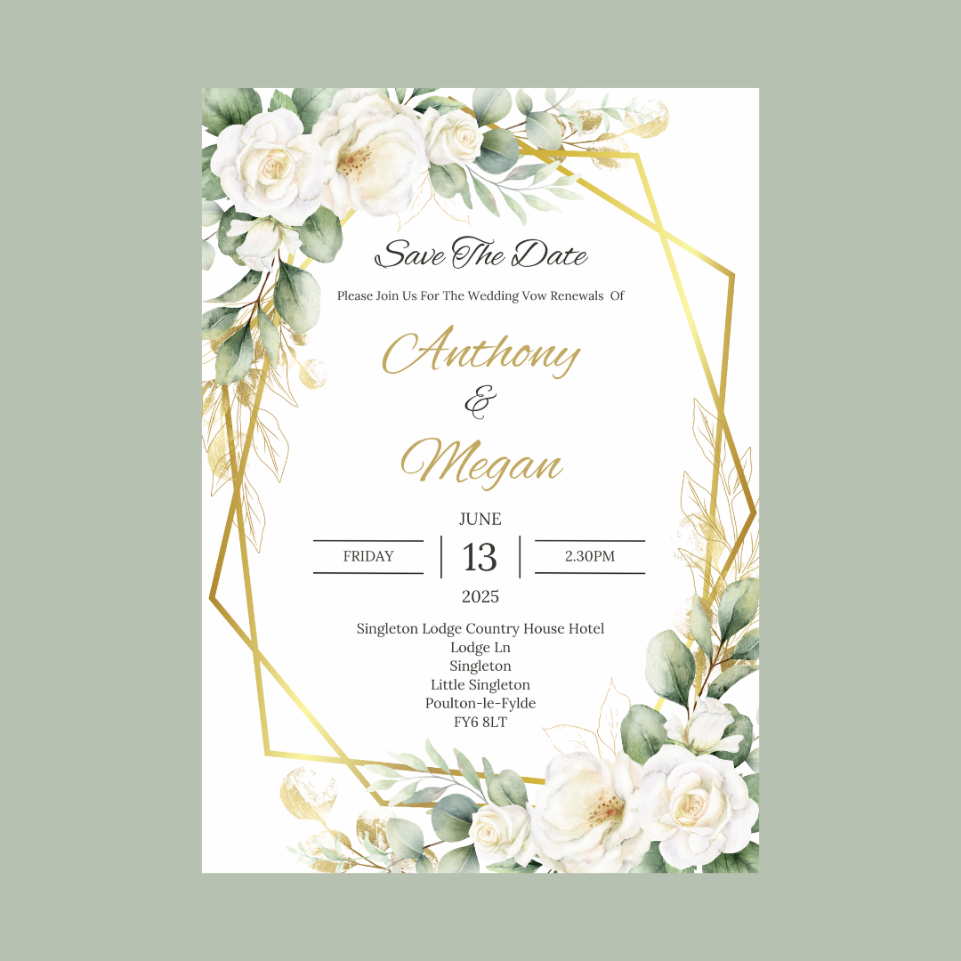 Wedding Invitations | A6 Invites | Green Gold Leaf Floral Wedding Theme Invitations | Wedding Party Invitations