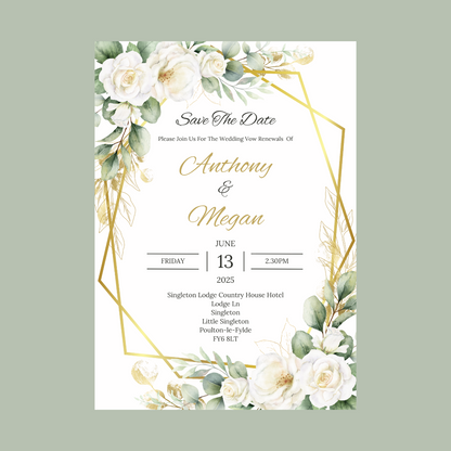 Wedding Invitations | A6 Invites | Green Gold Leaf Floral Wedding Theme Invitations | Wedding Party Invitations