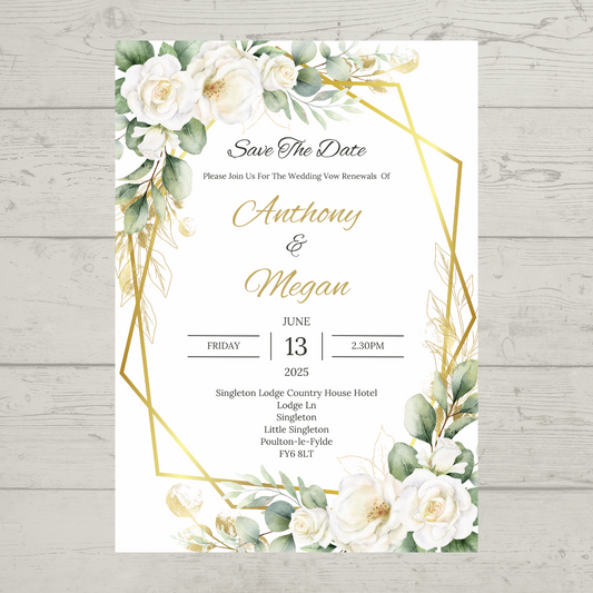 Wedding Invitations | A6 Invites | Green Gold Leaf Floral Wedding Theme Invitations | Wedding Party Invitations