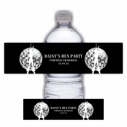 Black Disco Design | Water Bottle Labels | Hen Party, Birthday Party