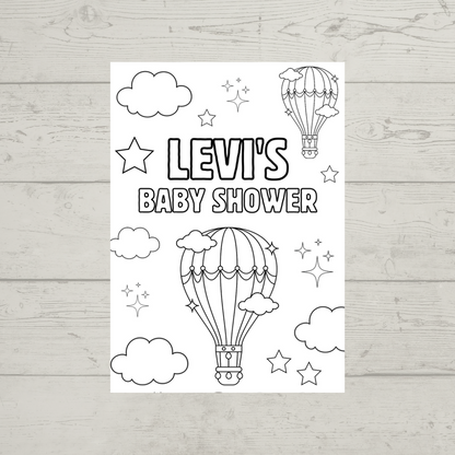 A6 Colouring Sheets | Personalised Baby Shower Hot Air Balloon Colouring Sheets | Party Favours