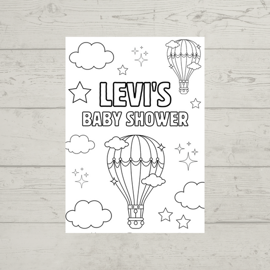 A6 Colouring Sheets | Personalised Baby Shower Hot Air Balloon Colouring Sheets | Party Favours