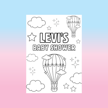 A6 Colouring Sheets | Personalised Baby Shower Hot Air Balloon Colouring Sheets | Party Favours