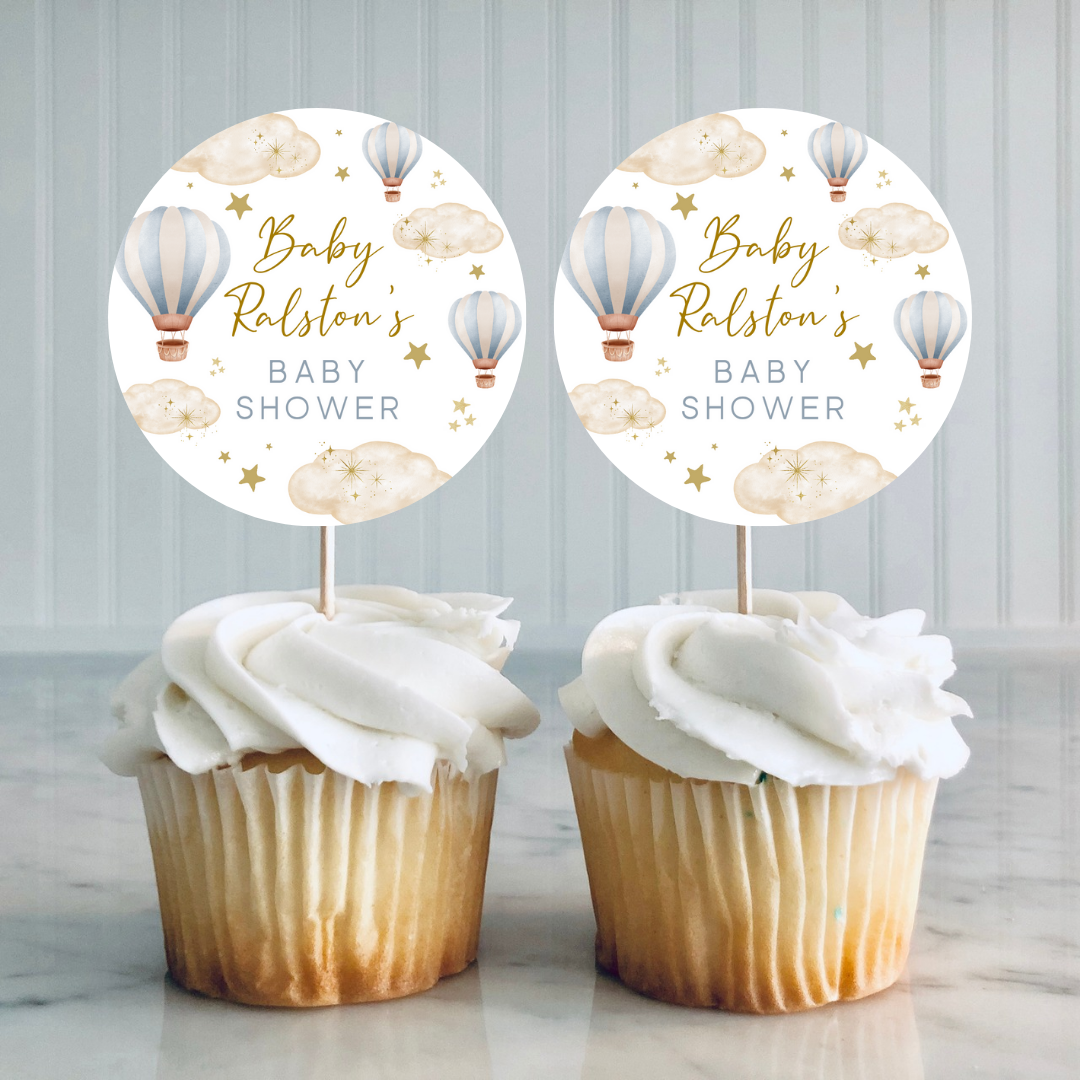 Blue Hot Air Balloon Cupcake Toppers | Baby Shower, Birthday Cupcake Toppers | Party Decorations
