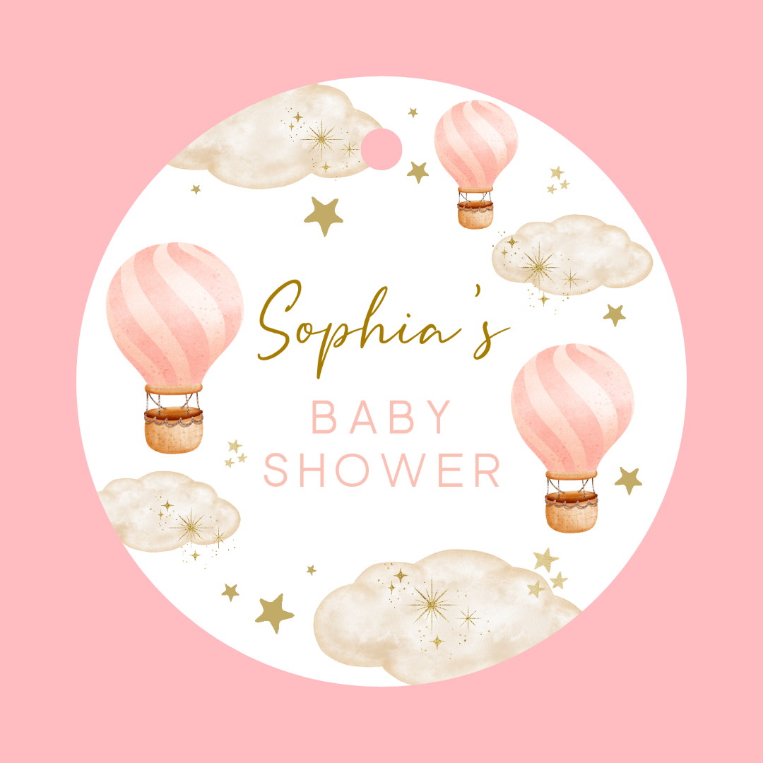 Light Pink Hot Air Balloon Party Circle Stickers | Baby Shower, Birthday Party Stickers | Pink Hot Air Balloon Party Bag Labels