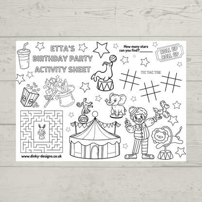 A4 Colouring Activity Sheets | Personalised Circus Activity Sheets | Party Bag Favours | Party Placemats