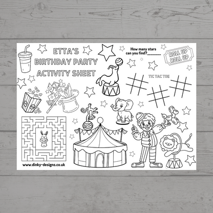 A4 Colouring Activity Sheets | Personalised Circus Activity Sheets | Party Bag Favours | Party Placemats