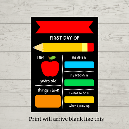Children's Multi Coloured Print | First Day Of School Photo Prop | Laminated Keepsake