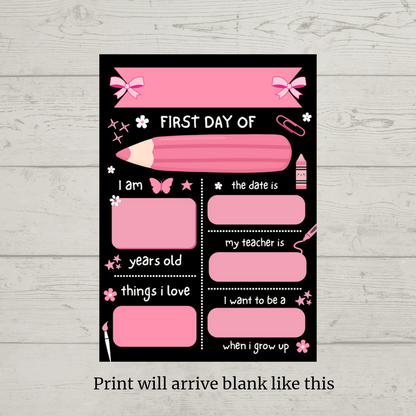 Children's Pink Print | First Day Of School Photo Prop | Laminated Keepsake