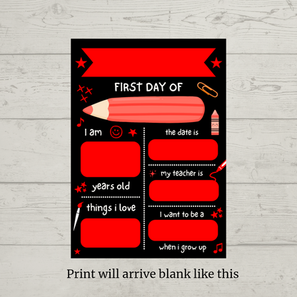 Children's Red Print | First Day Of School Photo Prop | Laminated Keepsake