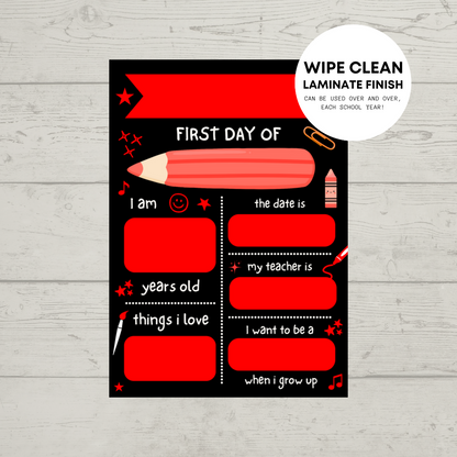 Children's Red Print | First Day Of School Photo Prop | Laminated Keepsake