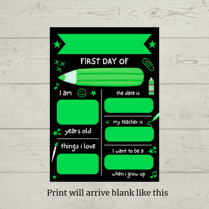 Children's Green Print | First Day Of School Photo Prop | Laminated Keepsake