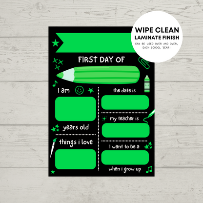 Children's Green Print | First Day Of School Photo Prop | Laminated Keepsake