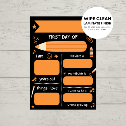 Children's Orange Print | First Day Of School Photo Prop | Laminated Keepsake