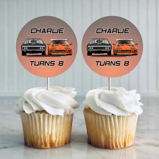 Black Orange Car Party Cupcake Toppers | Car Birthday Cupcake Toppers | Party Decorations