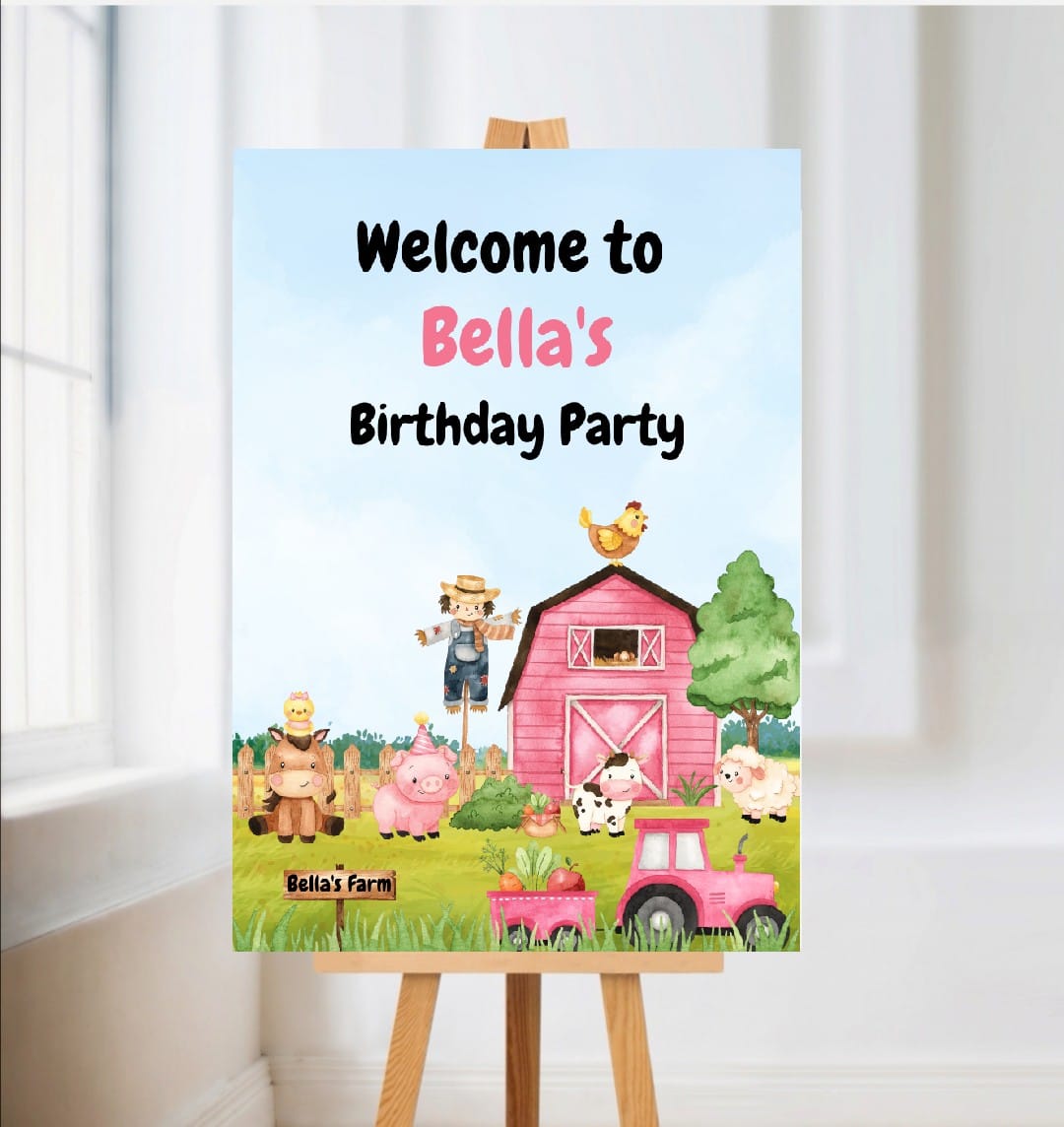 Farm Animal Welcome Board Sign | Personalised Birthday Board | Birthday Party Sign | A4, A3, A2 - Dinky Designs