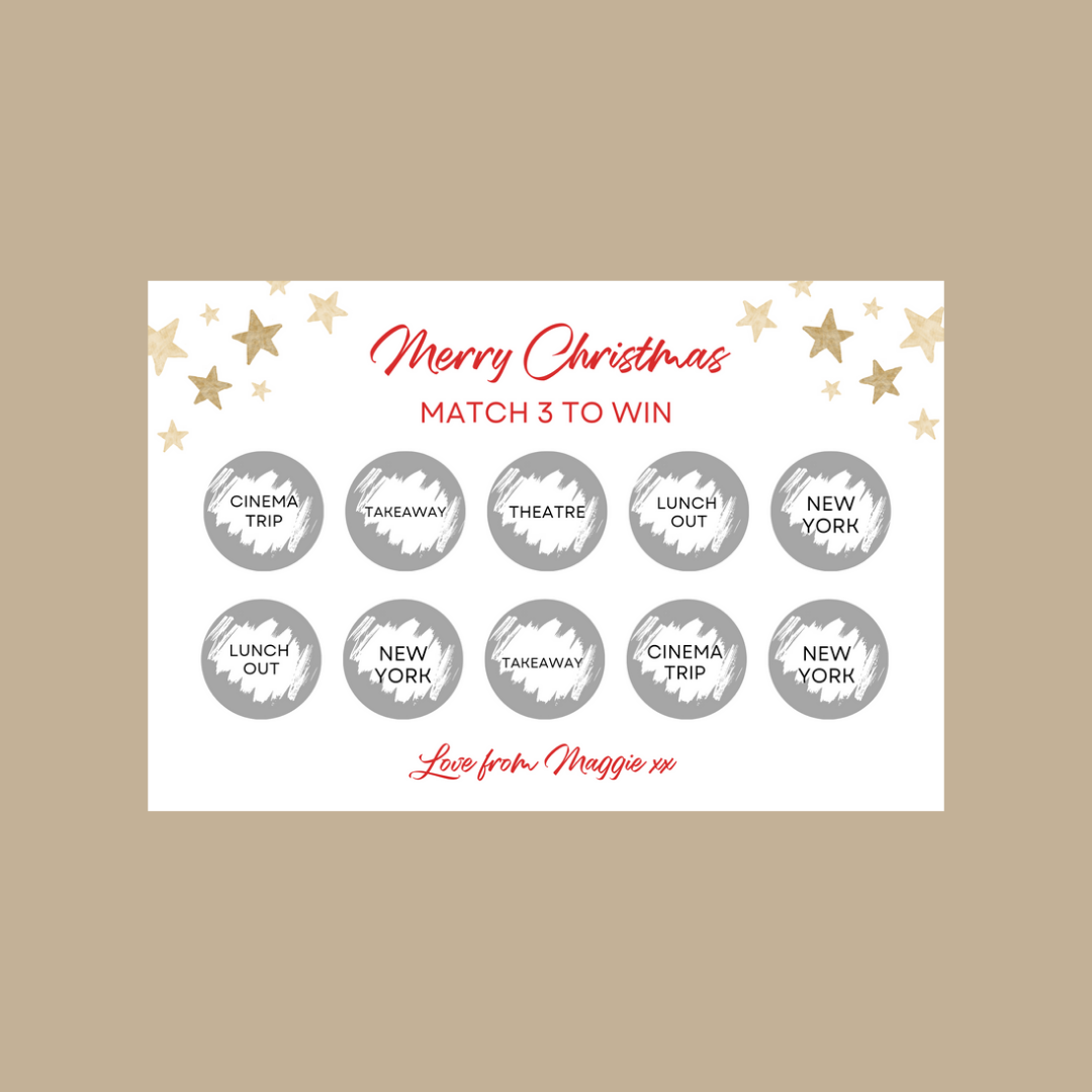 Christmas Surprise Match 3 Ticket Print | Personalised Christmas Ticket | Christmas Fun Scratch Reveal | Gift Idea | Stars Design