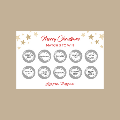 Christmas Surprise Match 3 Ticket Print | Personalised Christmas Ticket | Christmas Fun Scratch Reveal | Gift Idea | Stars Design