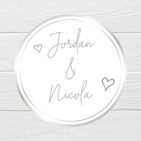 Wedding Stickers | Engagement Stickers | Personalised Couples Name Stickers | Silver & White