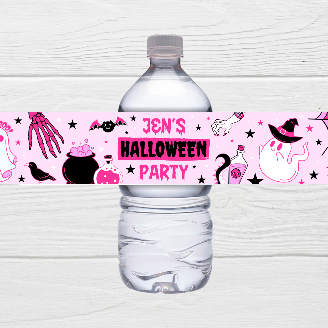 Juice Bottle Labels | Pink Halloween Labels | Water Bottle Stickers | Halloween Party | Party Stickers