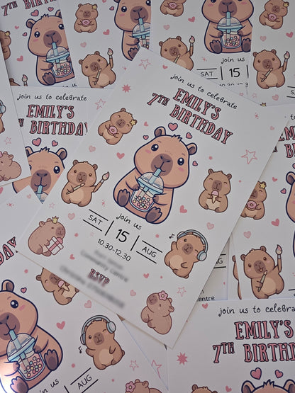 Pink Capybara Party Invitations | A6 Invites | Capybara Theme Invitations | Party Invitations - Dinky Designs