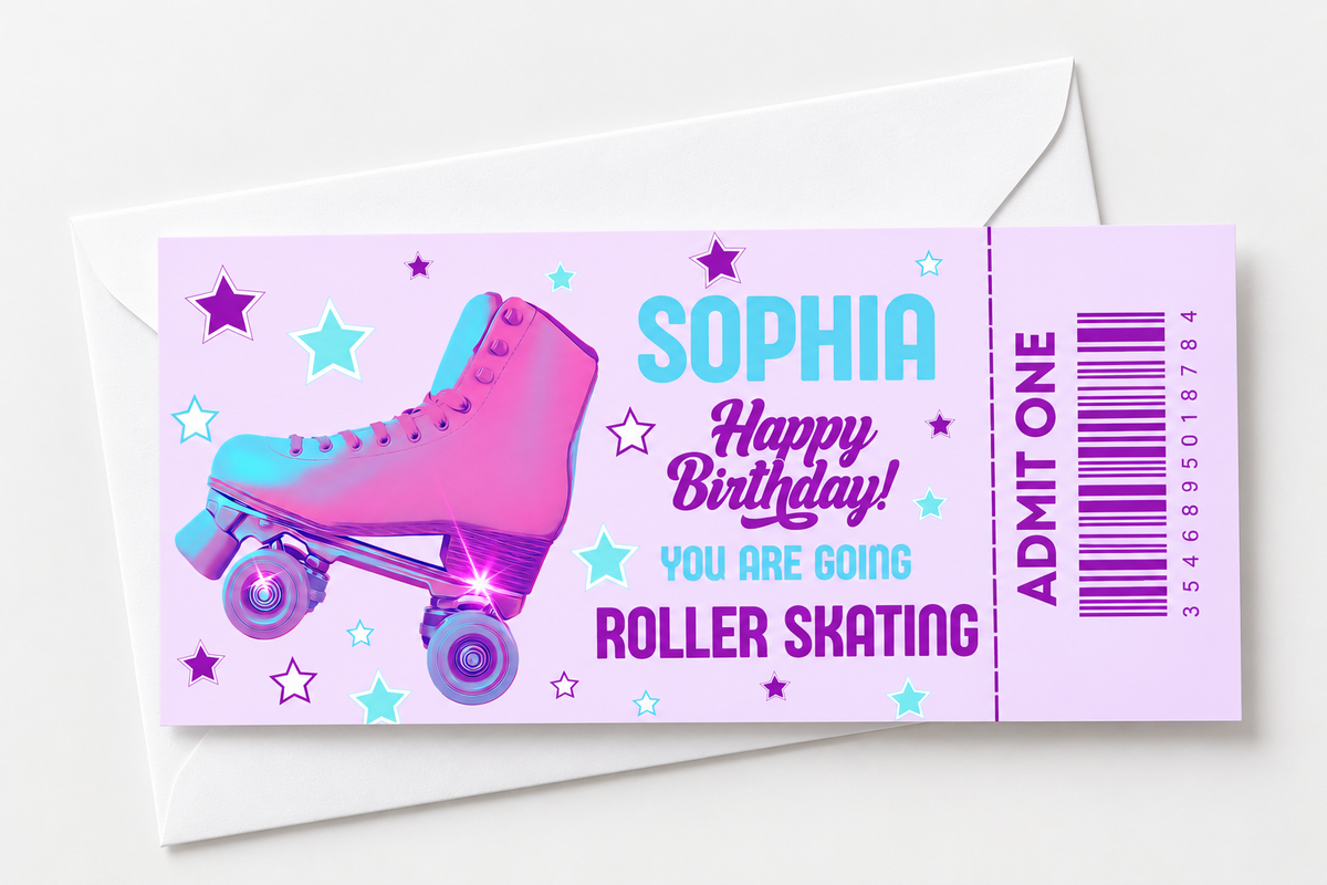 Surprise Ticket Print | Personalised Purple & Blue Roller Skating Ticket Pass Voucher Membership | Gift Idea - Dinky Designs
