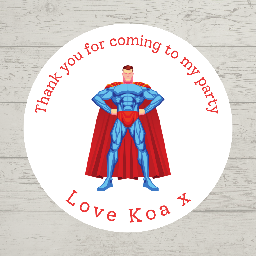 Personalised Superhero Birthday Stickers | Various Sizes | Superhero Party Theme (Design 3)