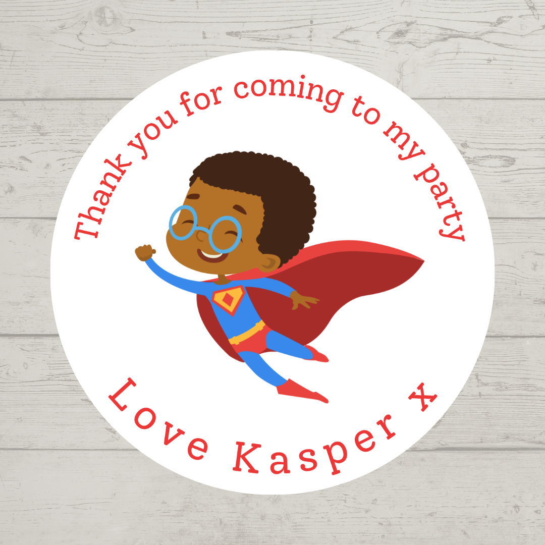 Personalised Superhero Birthday Stickers | Various Sizes | Superhero Party Theme (Design 1)