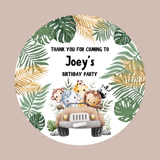 Green Gold Safari Animal Jeep Stickers | Circle Stickers | Jungle Animal Stickers | Sticker Sheet | Party Stickers | Safari Jungle Party Theme