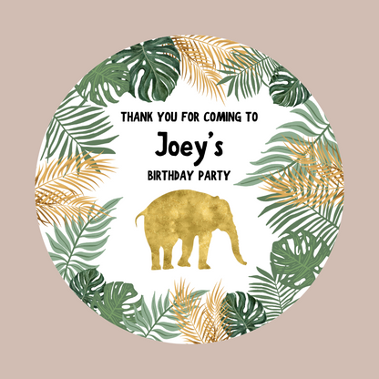 Green Gold Safari Elephant Stickers | Circle Stickers | Jungle Elephant Stickers | Sticker Sheet | Party Stickers | Safari Jungle Party Theme