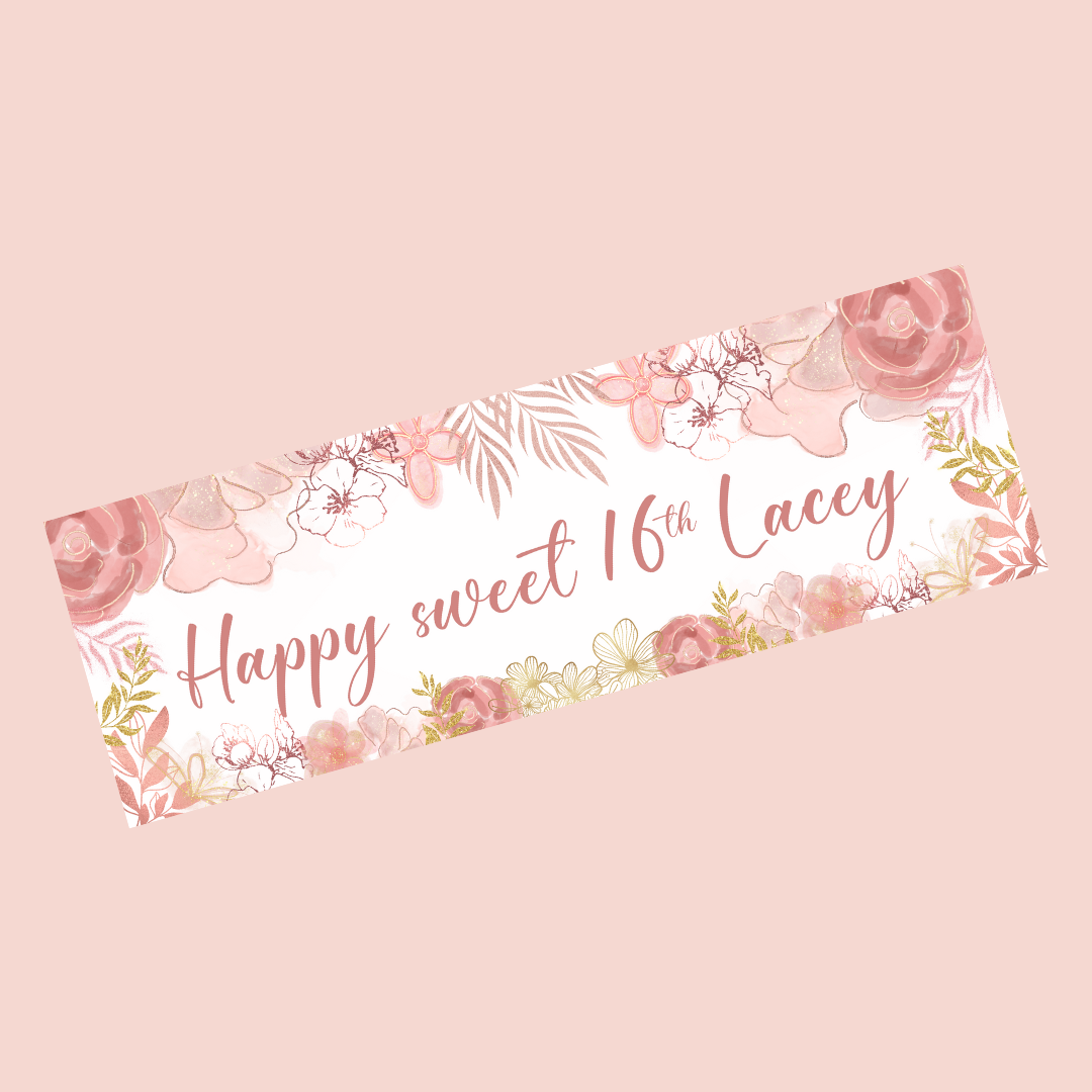 Floral Banner | Personalised Rose & Gold Floral Party Banner | Floral Party Theme