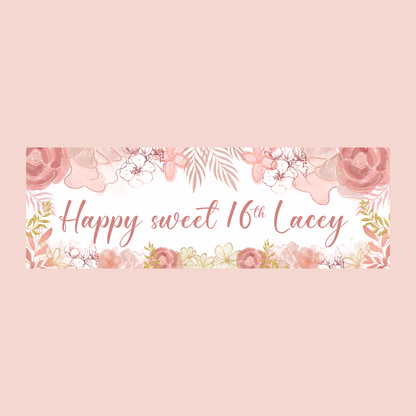 Floral Banner | Personalised Rose & Gold Floral Party Banner | Floral Party Theme