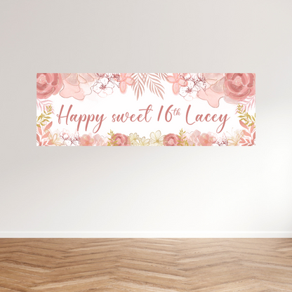 Floral Banner | Personalised Rose & Gold Floral Party Banner | Floral Party Theme