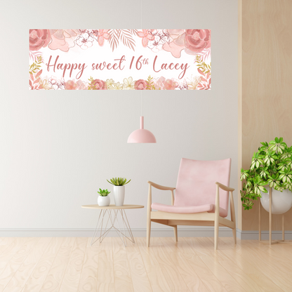 Floral Banner | Personalised Rose & Gold Floral Party Banner | Floral Party Theme