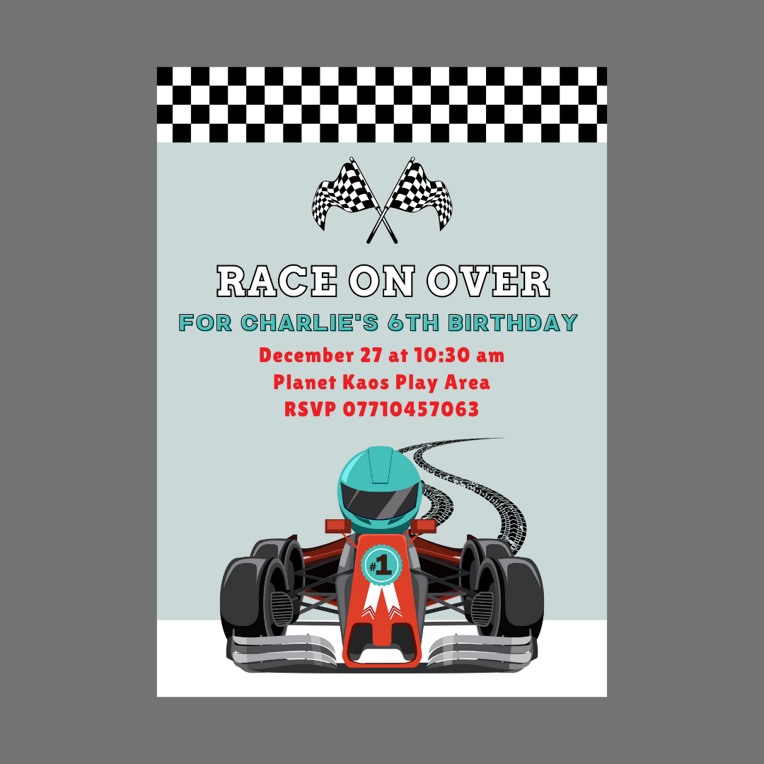 Race Car Invitations | A6 Invites | Mint Green Racing Car Theme | Party Invitations