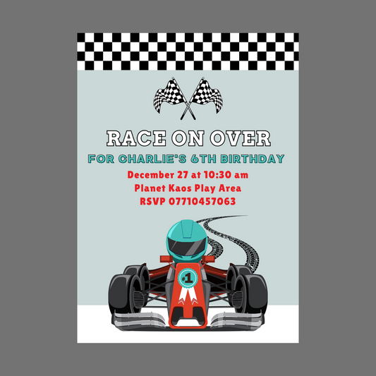 Race Car Invitations | A6 Invites | Mint Green Racing Car Theme | Party Invitations