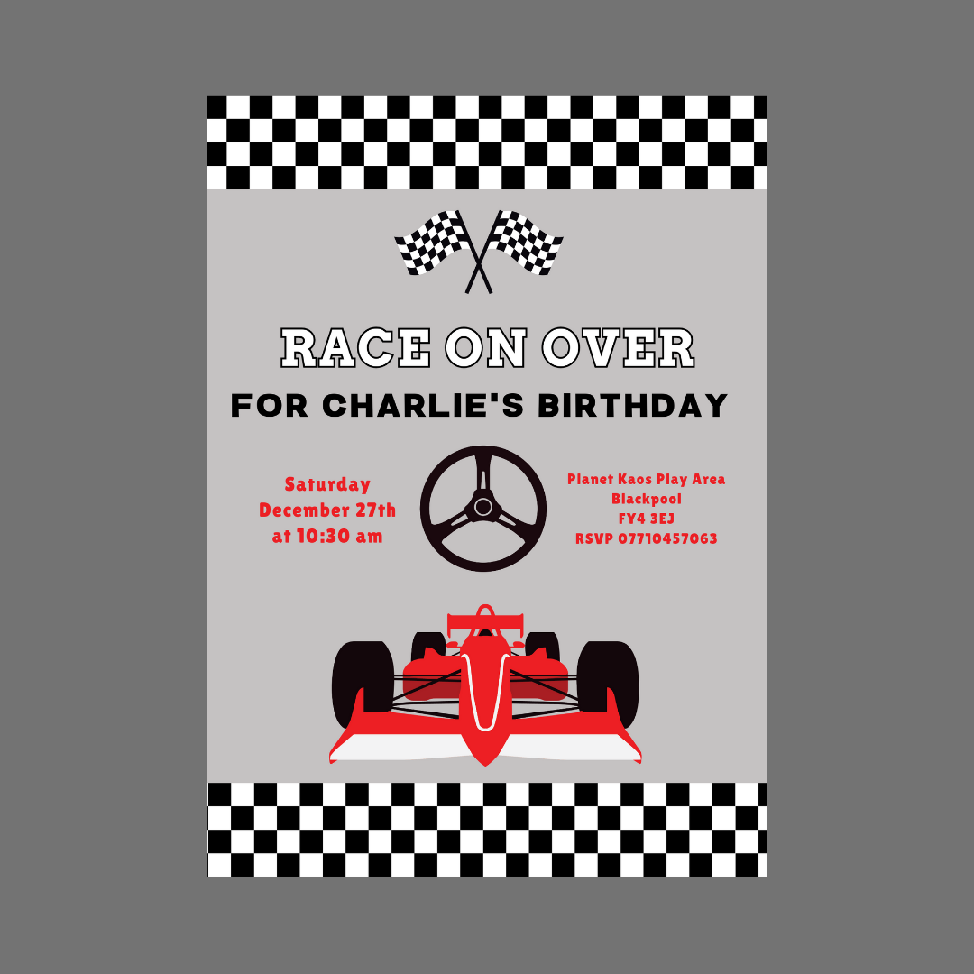 Race Car Invitations | A6 Invites | Grey Racing Car Theme | Party Invitations
